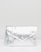 Asos Leather Envelope Cross Body Bag With Tassel - Silver