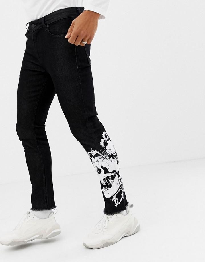 Asos Design Skinny Jeans In Black With Skull Print - Black