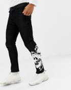 Asos Design Skinny Jeans In Black With Skull Print - Black