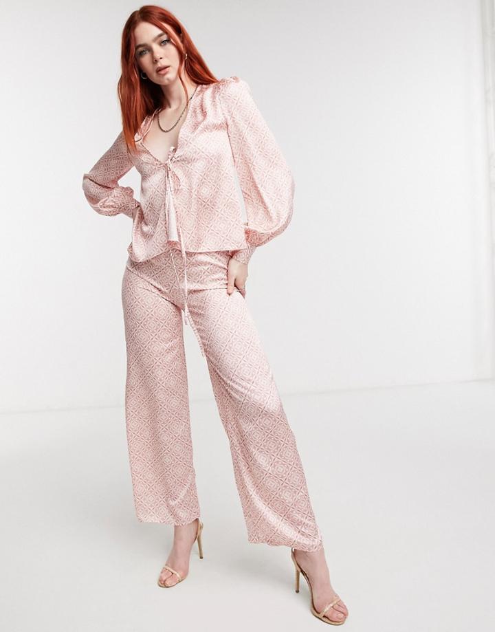 Never Fully Dressed Wide Leg Satin Pants In Tonal Tile Print - Part Of A Set-pink