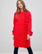 Asos Design Frill Bonded Coat - Red