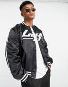 Liquor N Poker Varsity Jacket In Black With Logo Print And White Piping