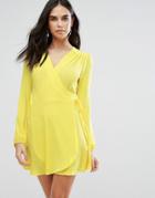 Liquorish V Neck Wrap Front A Line Dress With Long Sleeves - Yellow