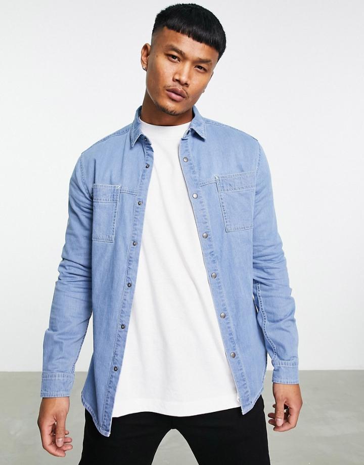 Asos Design Skinny Denim Shacket In Light Wash-blue
