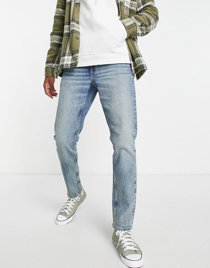 Asos Design Cone Mill Denim Stretch Slim Fit 'american Classic' Jeans In Tinted Mid Wash Blue