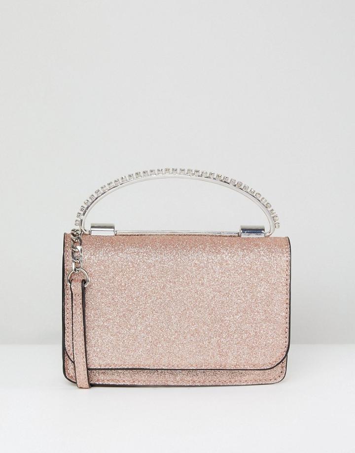 Asos Shimmer Boxy Clutch Bag With Gem Grab Handle - Pink