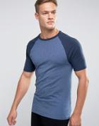 Asos Muscle T-shirt With Contrast Raglan Sleeves In Blue - Blue