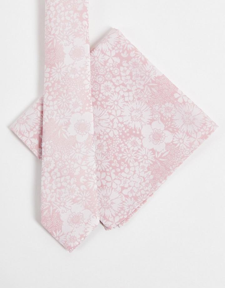 Asos Design Slim Tie And Pocket Square With Floral Design In Pink - Lpink