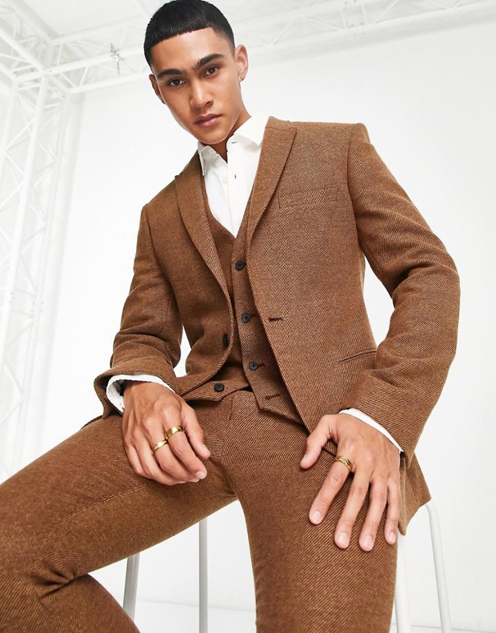 Asos Design Wedding Super Skinny Wool Mix Twill Suit Jacket In Brown