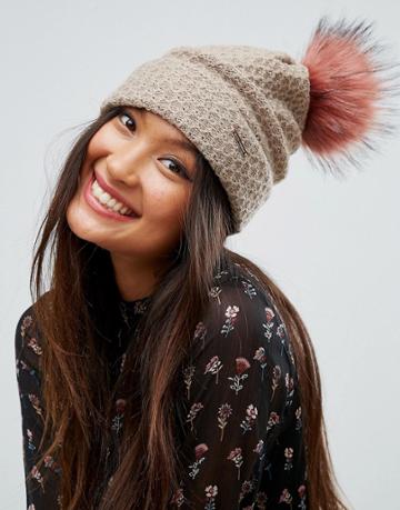 Alice Hannah Knitted Beanie With Faux Fur Pom Pom - Brown