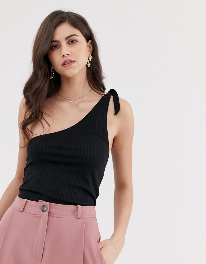 Asos Design One Shoulder Knot Top In Rib-black
