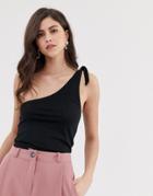 Asos Design One Shoulder Knot Top In Rib-black