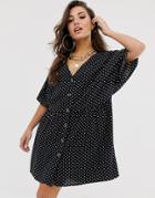 Asos Design V Neck Button Through Mini Smock Dress In Spot - Multi