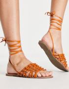Truffle Collection Tie Leg Flat Sandals In Tan-brown