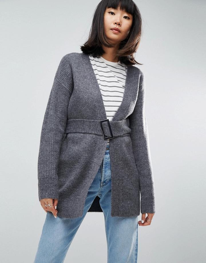 Asos Chunky Midi Cardigan With Belt Detail - Gray
