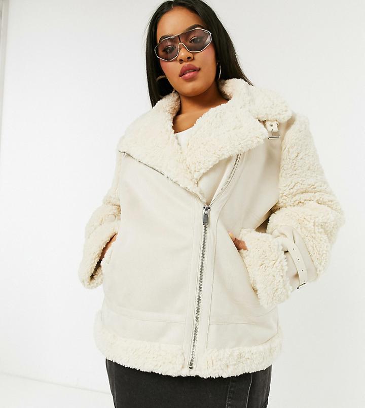 Urban Bliss Plus Faux Sherling Aviator Jacket In Cream-white