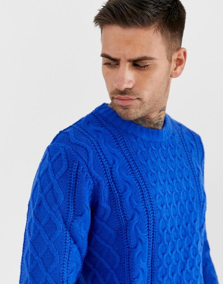 Bershka Cable Knit Sweater In Blue - Blue