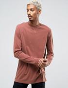 Asos Longline Long Sleeve T-shirt With Pigment Wash - Red