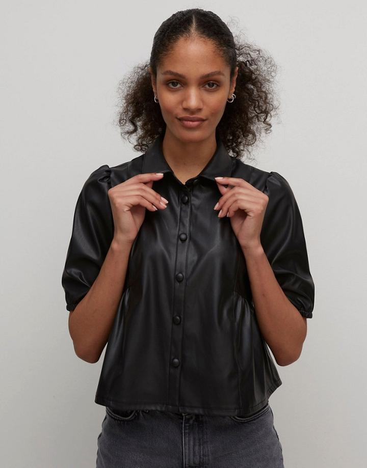 Nobody's Child Blouse With Puff Sleeves In Faux Leather-black