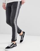 Asos Design Super Skinny Jeans In Washed Black With Checkerboard Stripe - Black