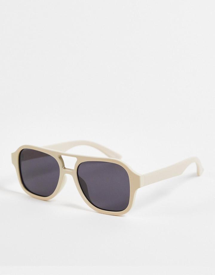 Asos Design Recycled Navigator Sunglasses In Ecru With Smoke Lens-neutral
