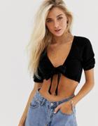 Sacred Hawk Knitted Tie Front Top-black