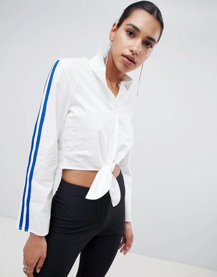 Boohoo Side Stripe Tie Front Shirt - White