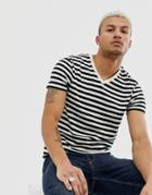 Asos Design Organic Cotton Stripe T-shirt In Black And White With V Neck - Multi