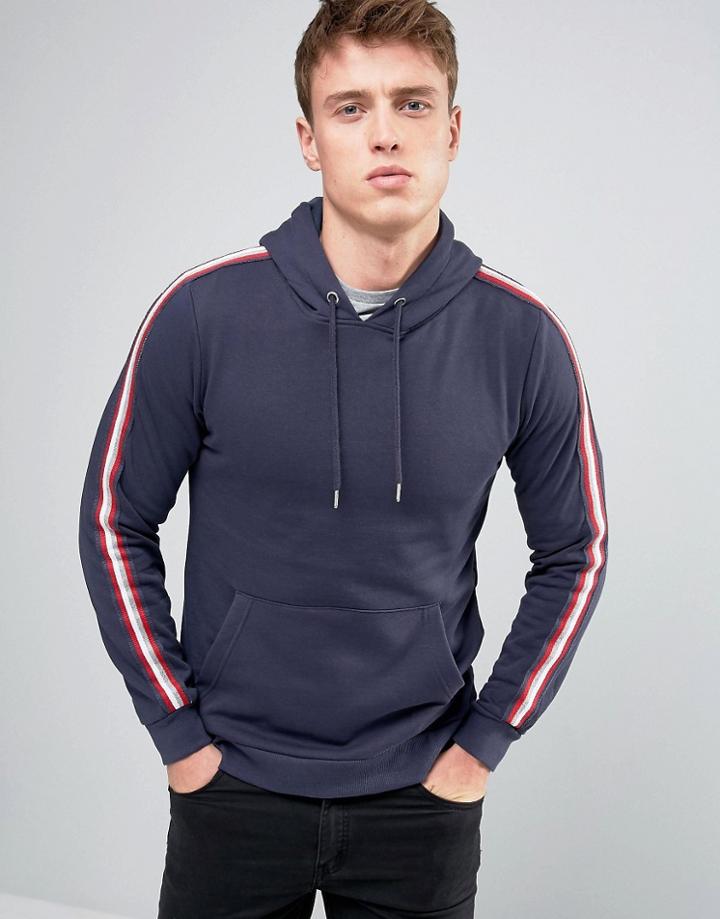 Brave Soul Stripe Sleeve Hoodie - Navy