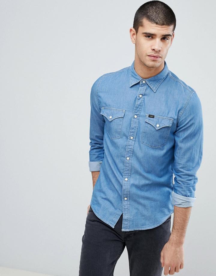Lee Jeans Pindot Button Down Denim Shirt In Washed Blue - Blue