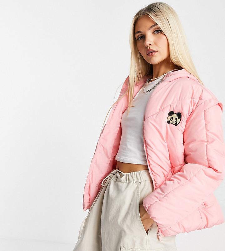 Native Youth Oversized Hooded Padded Jacket With Panda Embroidery-pink