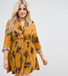 Club L Plus Mustard Printed Floral Day Dress With Collared Detail And Long Sleeves. - Multi