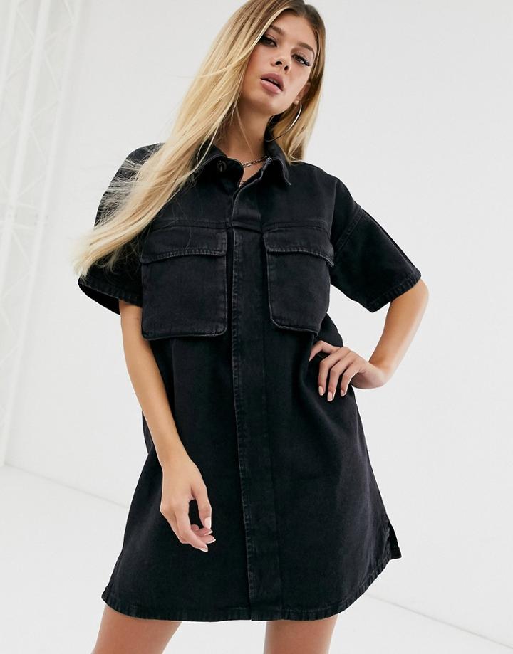 Asos Design Denim Boxy Shirt Dress In Black - Black