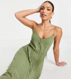 Asos Design Tall Button Front Pleated Cami Midi Dress With Drawstring Waist In Khaki-green