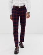 Avail London Skinny Fit Suit Pants In Burgundy Plaid - Red