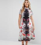 Asos Curve Midi Dress With High Neck And Open Back In Placement Swan Print - Multi