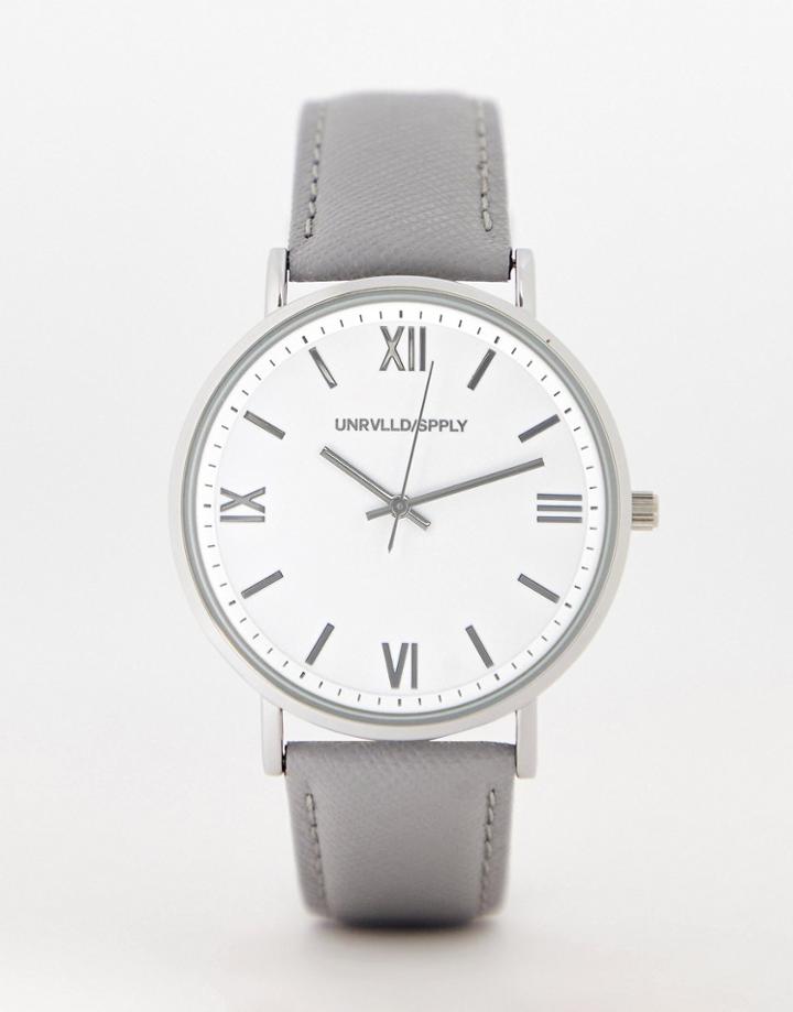 Asos Design Leather Classic Watch With White Face In Gray Saffiano