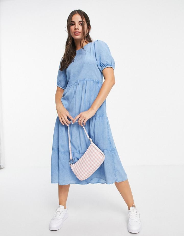Influence Tiered Midi Dress In Chambray-blues