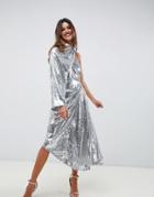 Asos Edition Embellished Asymmetric Drape Dress - Silver