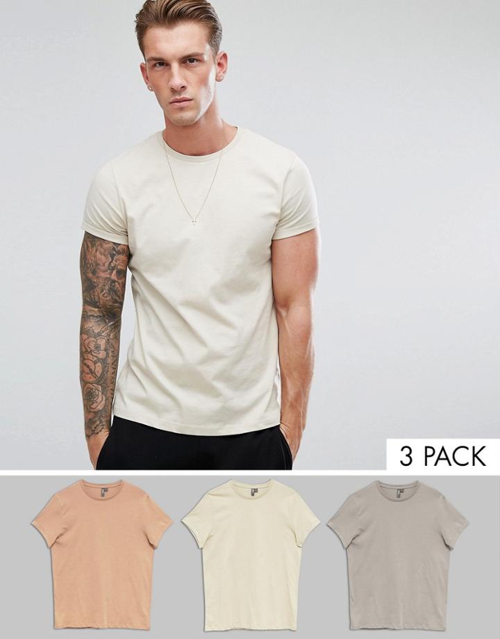Asos Crew Neck T-shirt With Roll Sleeve 3 Pack Save - Multi