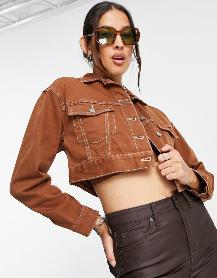 Topshop Tapered Denim Jacket In Brown