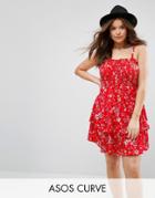 Asos Curve Shirred Mini Sundress With Tiered Skirt In Red Ditsy Print - Multi
