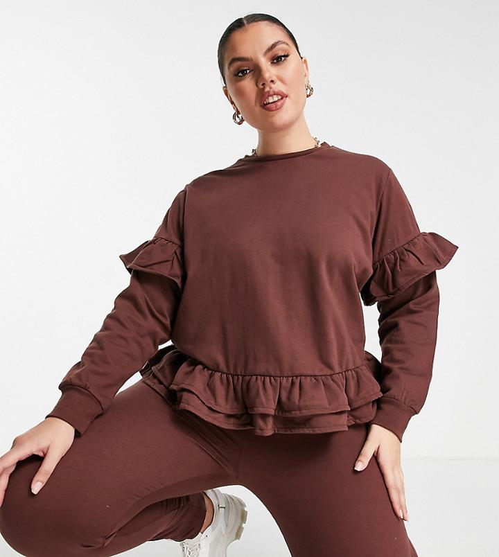 Influence Plus Frill Hem Sweater In Chocolate Brown - Part Of A Set