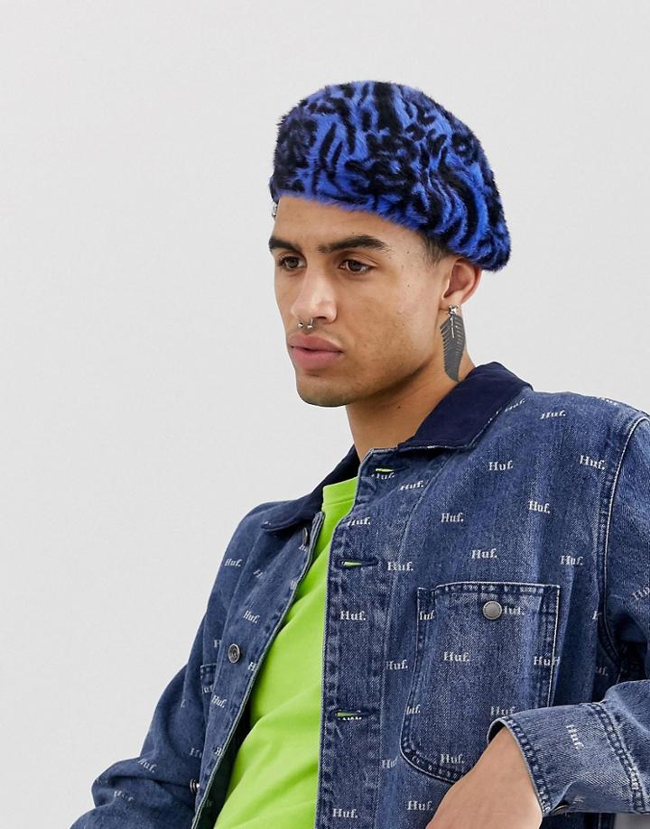 Asos Design Faux Fur Beret In Blue With Animal Print