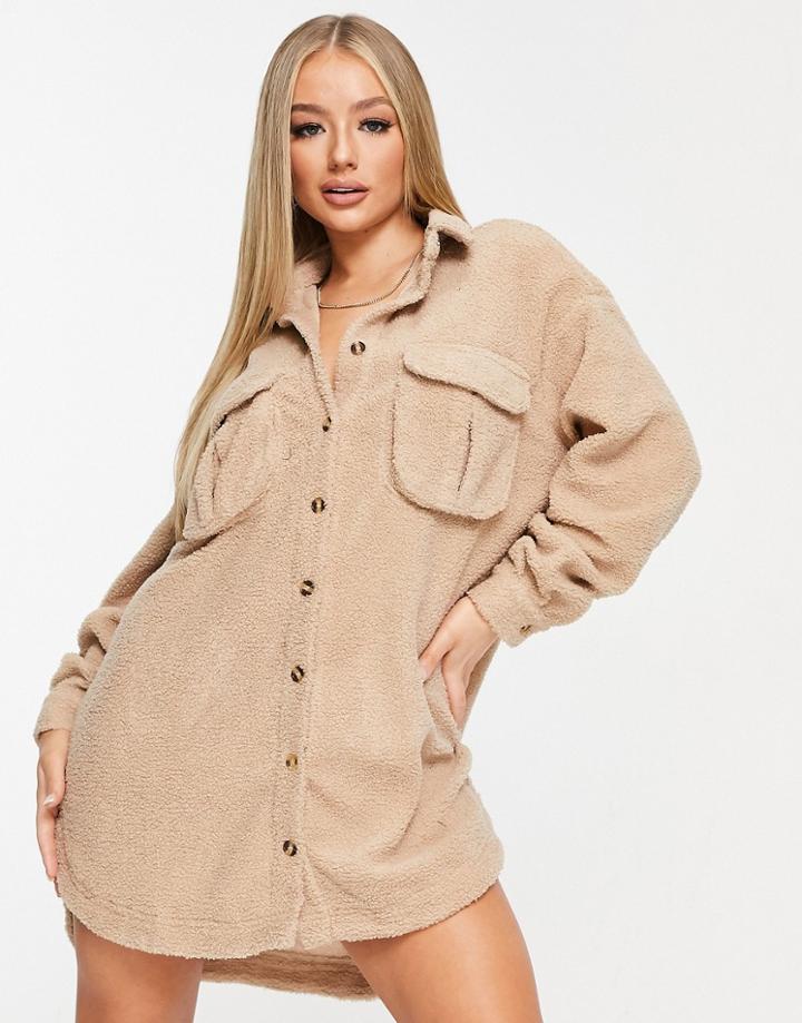 Missguided Oversized Borg Shirt Dress In Stone-neutral