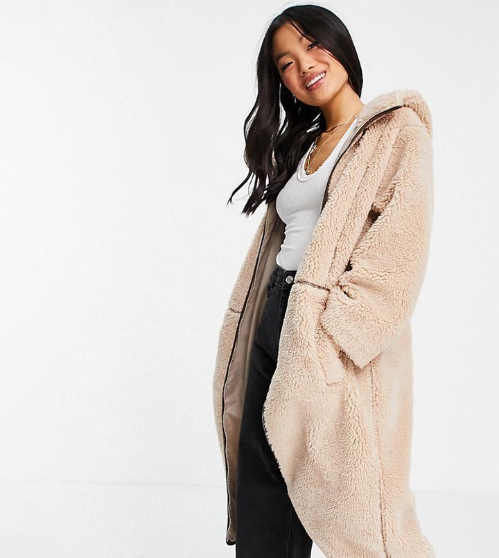 Asos Design Petite Fleece Coat With Contrast Stitching In Camel-white