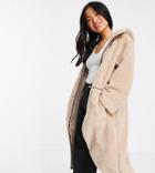Asos Design Petite Fleece Coat With Contrast Stitching In Camel-white