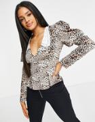 Naanaa Plunge Collar Blouse In Leopard Print-multi