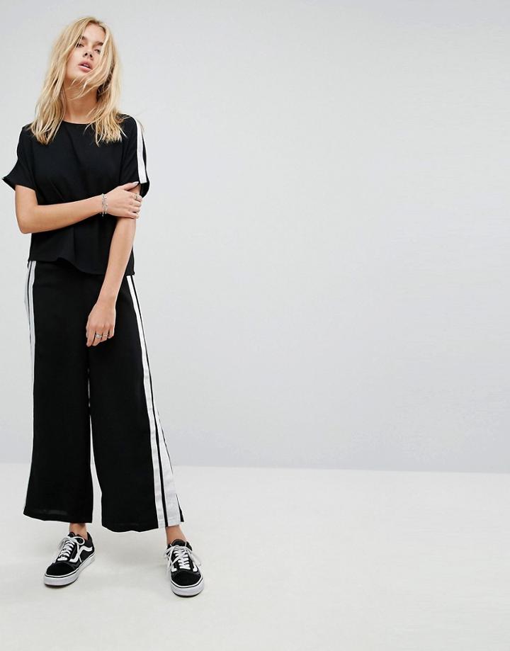 Noisy May Silver Stripe Wide Track Pants - Black