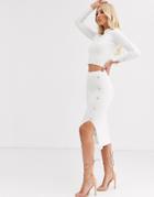 Asos Design Two-piece Fine Rib Skirt With Gold Button Detail-cream